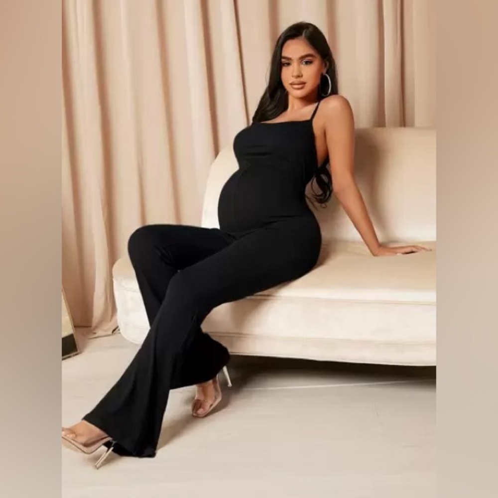 MaterniChic Maternity Solid Ribbed Flare Leg Cami Jumpsuit Size 6